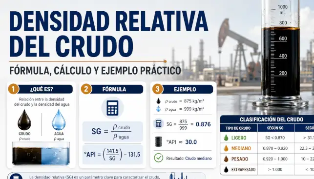 Densidad relativa en petróleo crudo: cálculo, aplicación y diferencias con la Gravedad API