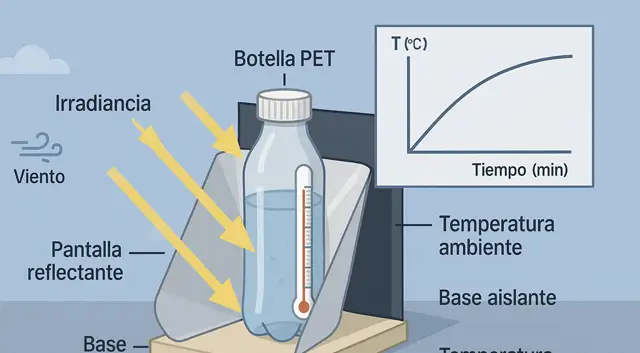 Experimento con botella PET: calentamiento de agua, pérdidas y curva tiempo–°C